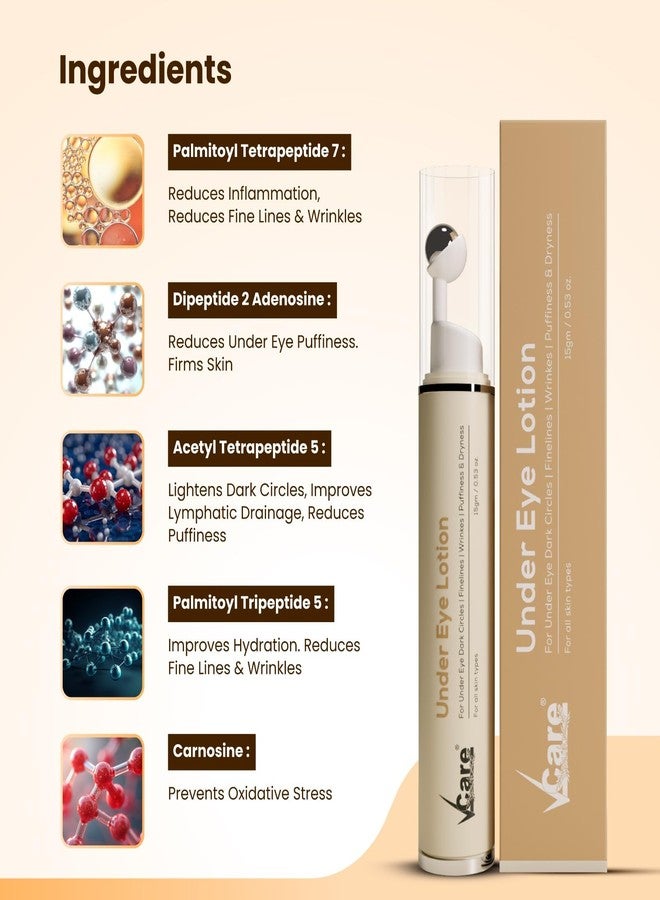 VCare Under Eye Lotion with Cooling Massage Roller | Reduces Dark Circles, Puffiness, Fine Lines & Wrinkles | Enriched with Multi-Peptides | Suitable for Men & Women - 15g - Image 2