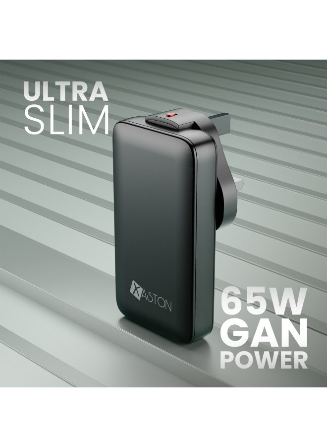 اكساستون شاحن XASTON PowerBlade 65W USB-C، محول سفر مع قابس UK/USA GaN 2-Port فائق النحافة من النوع C سريع الشحن على الحائط لشحن الكمبيوتر المحمول متوافق مع MacBook Air وDell XPS وiPad وiPhone 17/16 وSamsung - Image 2