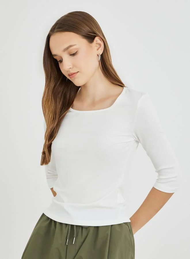 تايك تو Take Two Solid Round Neck Ribbed T-Shirt