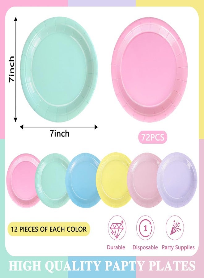 WNINK 72 Pcs Pastel Plates Party Supplies Decorations Disposable 7" Pastel Paper Plates Rainbow Party Decorations for Birthday Wedding Baby Shower Colorful Dessert Tableware - Image 3