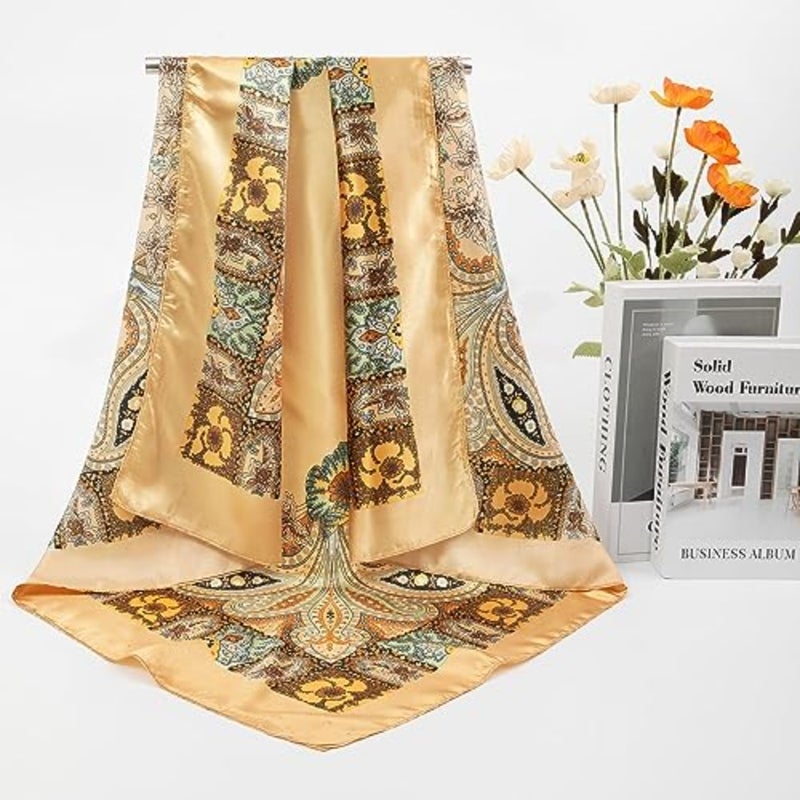 35" Large Satin Square Head Scarf - 2Pcs Silk Like Floral Head Scarves Square Satin Hair Scarf Bandanas for Women - Image 5