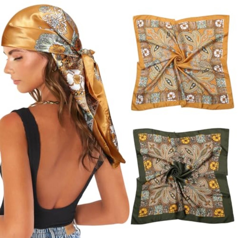 35" Large Satin Square Head Scarf - 2Pcs Silk Like Floral Head Scarves Square Satin Hair Scarf Bandanas for Women - Image 1