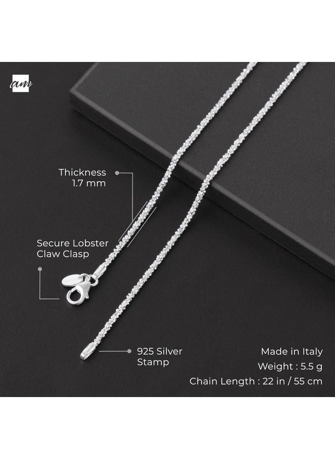 Amberta - Italian 925 Sterling Silver Diamond Chain For Women - 1.7 Mm Snow/Rock Silver Chain Necklace: 22 Inch/ 55 Cm Thin Chain - Image 1