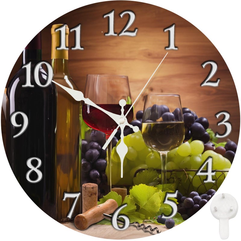 Britimes Britimes Round Wall Clock Silent NonTicking Battery Operated Clock 10 Inch Glasses Red White Wine Grapes Home Decor for Living Room Kitchen Bedroom and Office 