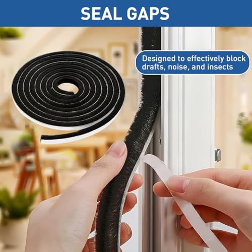 Tambee Weather Stripping Door Seal Strip, Self-Adhesive Pile Brush Weatherstripping for Sliding Window and Door Frame Insulation Tape, 3/8" x 3/8" x 16.5 Ft, Black - Image 2