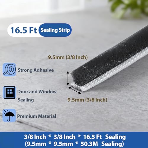 Tambee Weather Stripping Door Seal Strip, Self-Adhesive Pile Brush Weatherstripping for Sliding Window and Door Frame Insulation Tape, 3/8" x 3/8" x 16.5 Ft, Black - Image 3
