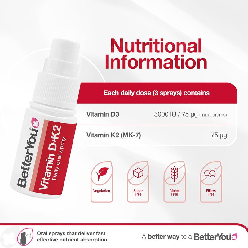 BetterYou Vitamin D3 K2 Oral Spray Fast Acting Vitamin D 3000 IU Vitamin K2 MK7 Supplement Supports Bones Teeth Immune System Blood Clotting 1Month Supply Natural Peppermint Flavour - Image 3