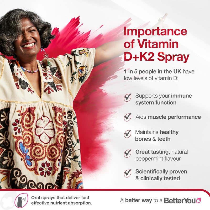 BetterYou Vitamin D3 K2 Oral Spray Fast Acting Vitamin D 3000 IU Vitamin K2 MK7 Supplement Supports Bones Teeth Immune System Blood Clotting 1Month Supply Natural Peppermint Flavour - Image 2