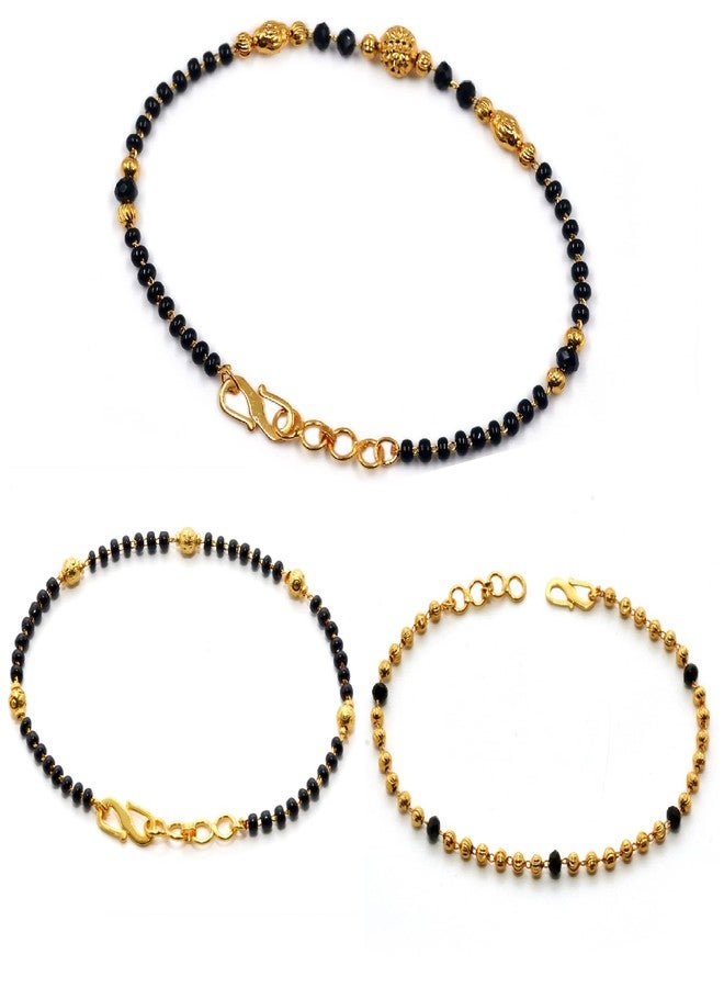 JHB Golden Gold-Plated Brass Bracelet 3 pis Combo for Women (Black Bead Hand Mangalsutra Bracelet) - Image 2