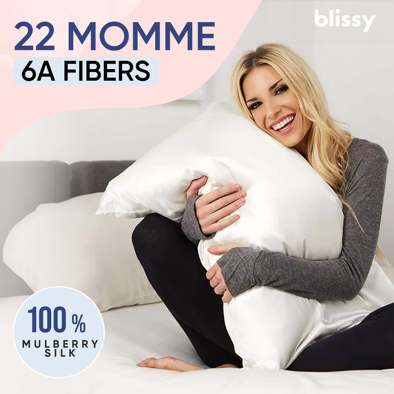 Blissy Silk Pillowcase - 100% Pure Mulberry Silk - 22 Momme 6A High-Grade Fibers - Silk Pillow Cover for Hair & Skin - Regular, Queen & King (Blissy White, Standard) - Image 2