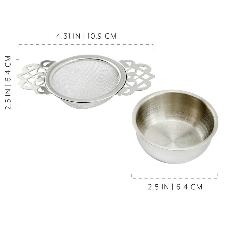 SOLSTICE TEA TRADERS Empress Tea Strainers with Drip Bowls (Pack of 2) Elegant Stainless Steel Loose Leaf Tea Strainers - Image 5