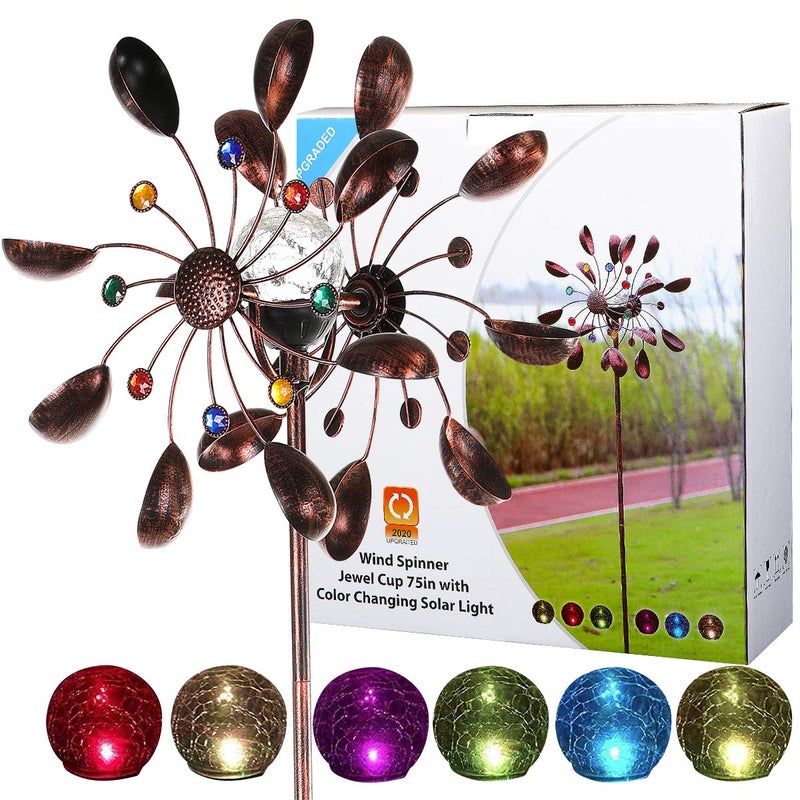 HDNICEZM HDNICEZM Solar Wind Spinner MultiColor LED Lighting by Solar Powered Glass Ball with Kinetic Wind Aculptures Dual Direction Decorative Lawn Ornament Wind Mill 