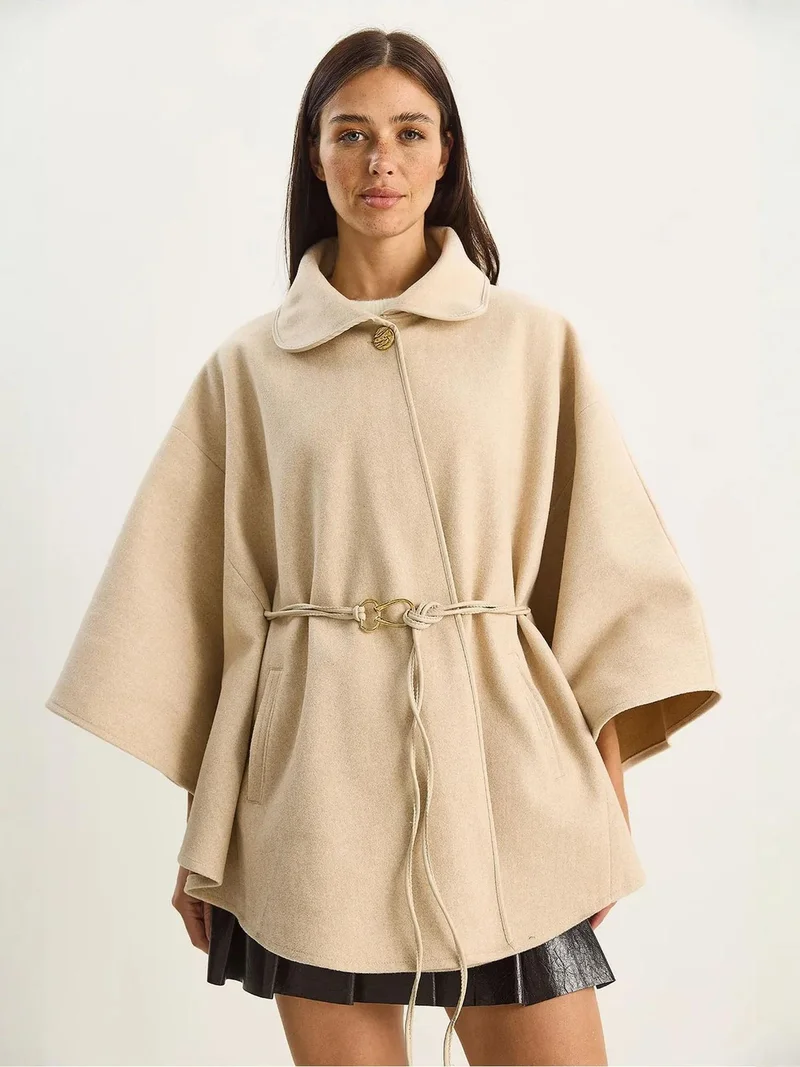 Bianco Lucci Beige Natural LUCCI Oversized Textured Wool Blend Overcoat with Jacket Collar for Women | Best Price UAE