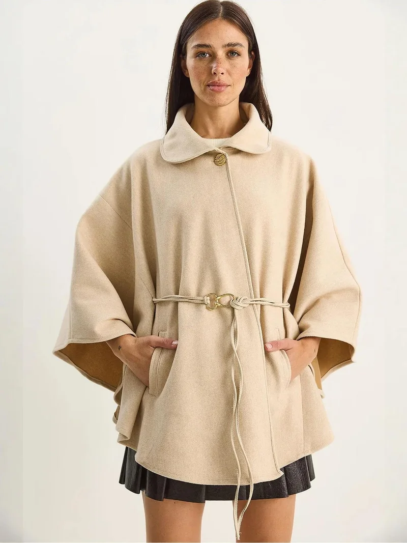 Bianco Lucci Beige Natural LUCCI Oversized Textured Wool Blend Overcoat with Jacket Collar for Women | Best Price UAE
