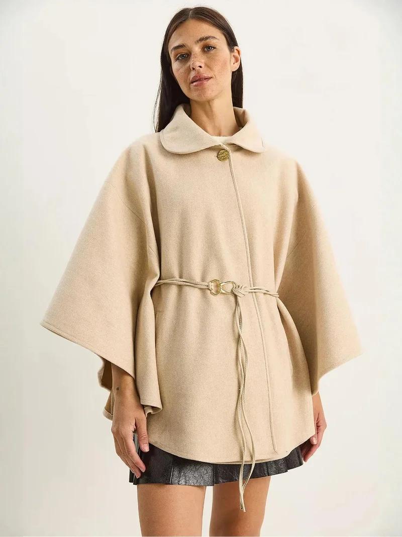 Bianco Lucci Beige Natural LUCCI Oversized Textured Wool Blend Overcoat with Jacket Collar for Women | Best Price UAE