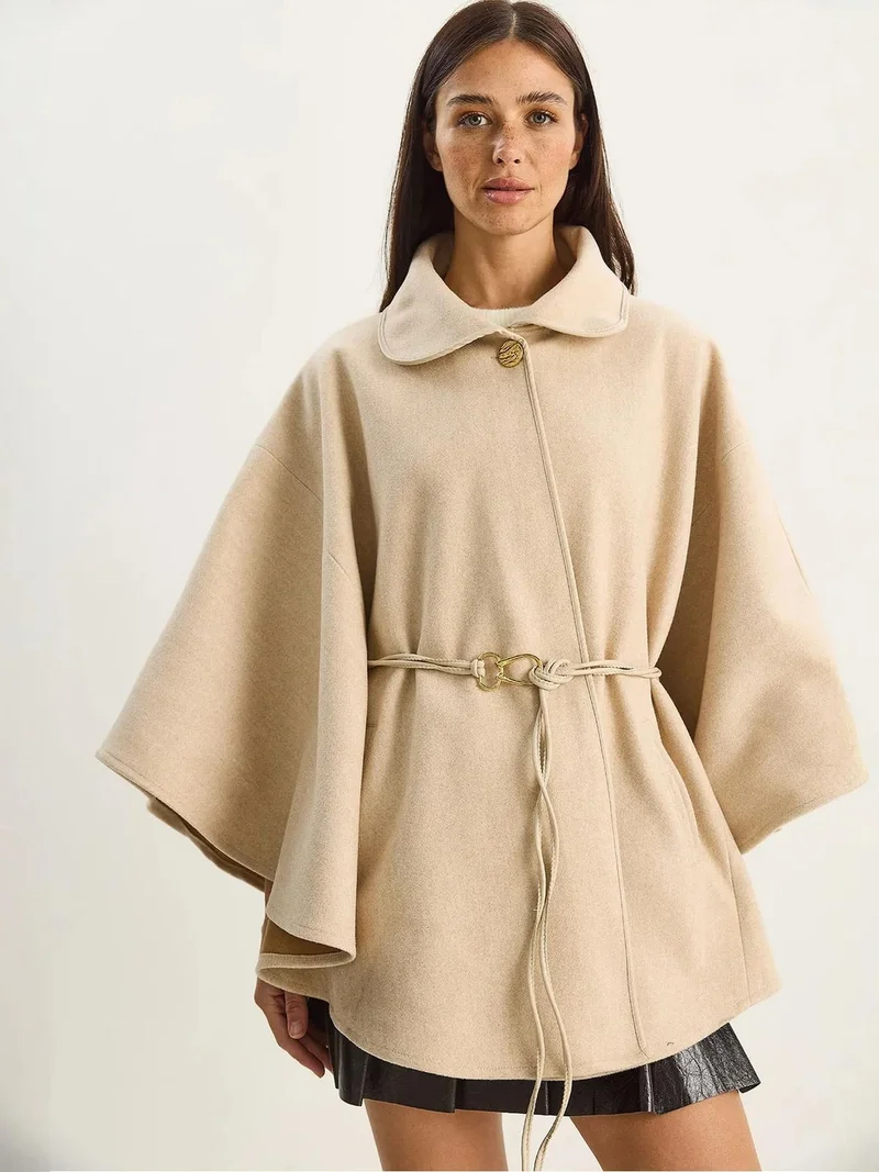 Bianco Lucci Beige Natural LUCCI Oversized Textured Wool Blend Overcoat with Jacket Collar for Women | Best Price UAE