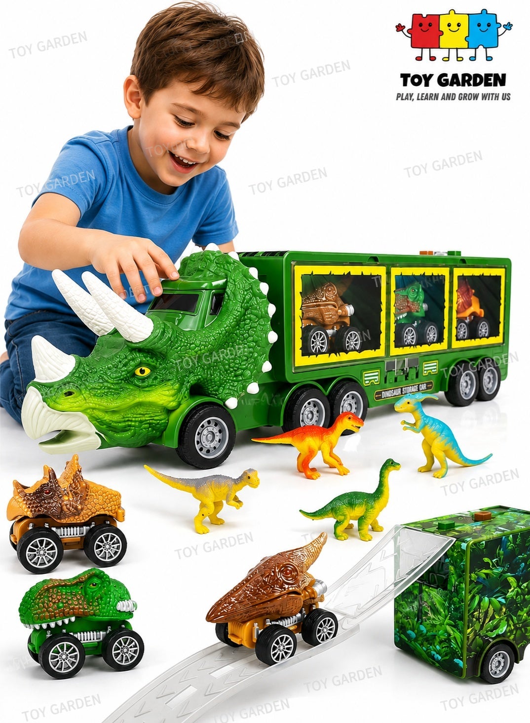 Dinosaur Toy For Boys - Dinosaur Toys Truck With Dinosaur Cars Set with Lights, Music, Sound,Dinosaur Car Launcher Track for Boys Age 3 4 5 6 7 8 Year Old/Dinosaur Kids Toys Gift