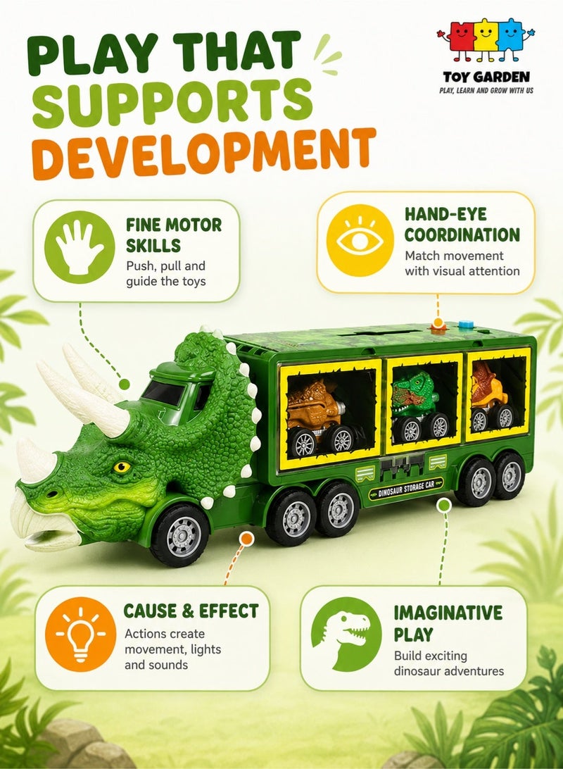 حديقة الألعاب لعبة الديناصورات للأولاد - شاحنة ألعاب الديناصورات مع مجموعة سيارات الديناصورات مع الأضواء والموسيقى والصوت ومسار إطلاق سيارة الديناصورات للأولاد من سن 3 4 5 6 7 8 سنوات/هدية ألعاب أطفال الديناصورات - Image 3