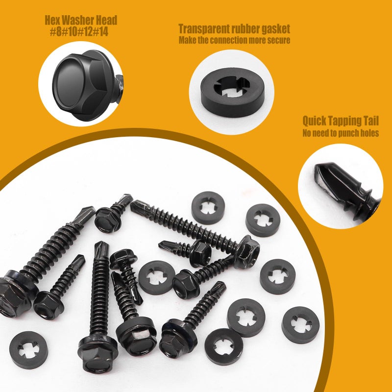 weideer 840pcs #8#10#12#14 Self Tapping Screws for Metal,410 Stainless Steel Screws Assortment Kit, Black Hex Washer Head Quick Tapping Screw with Rubber Washer (420 Sets) K-189-BK - Image 4