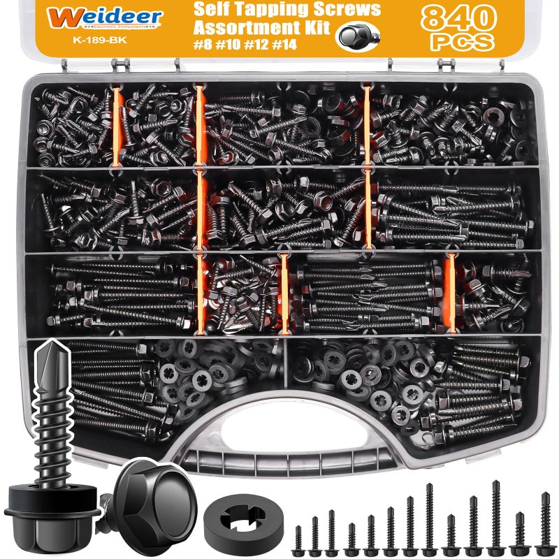 weideer 840pcs #8#10#12#14 Self Tapping Screws for Metal,410 Stainless Steel Screws Assortment Kit, Black Hex Washer Head Quick Tapping Screw with Rubber Washer (420 Sets) K-189-BK - Image 1
