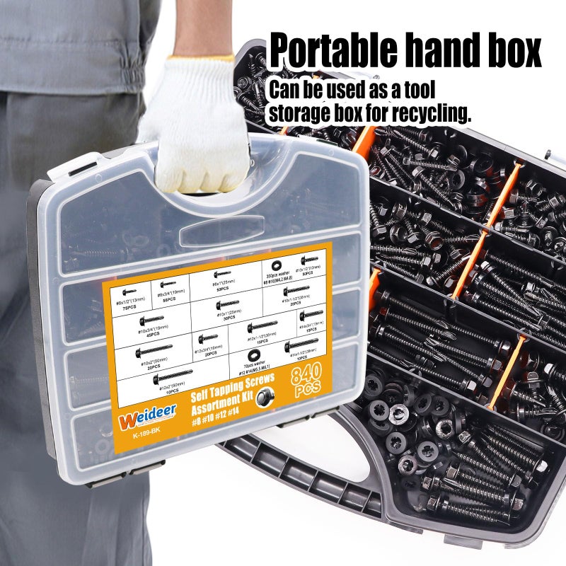 weideer 840pcs #8#10#12#14 Self Tapping Screws for Metal,410 Stainless Steel Screws Assortment Kit, Black Hex Washer Head Quick Tapping Screw with Rubber Washer (420 Sets) K-189-BK - Image 3