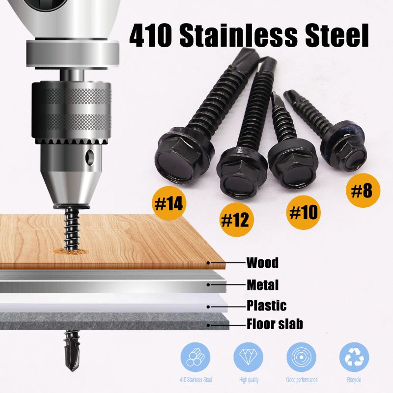 weideer 840pcs #8#10#12#14 Self Tapping Screws for Metal,410 Stainless Steel Screws Assortment Kit, Black Hex Washer Head Quick Tapping Screw with Rubber Washer (420 Sets) K-189-BK - Image 5