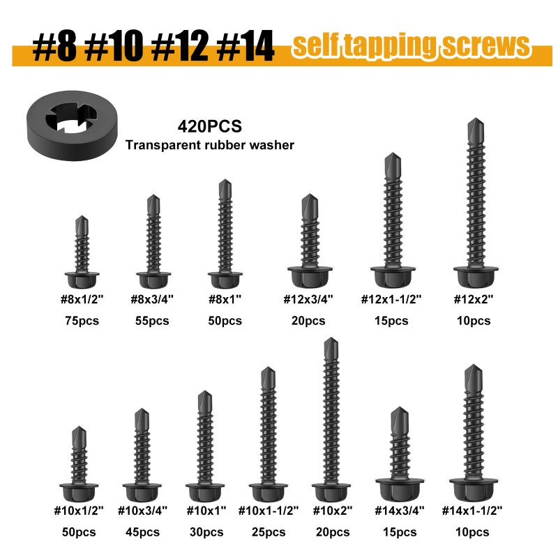 weideer 840pcs #8#10#12#14 Self Tapping Screws for Metal,410 Stainless Steel Screws Assortment Kit, Black Hex Washer Head Quick Tapping Screw with Rubber Washer (420 Sets) K-189-BK - Image 2