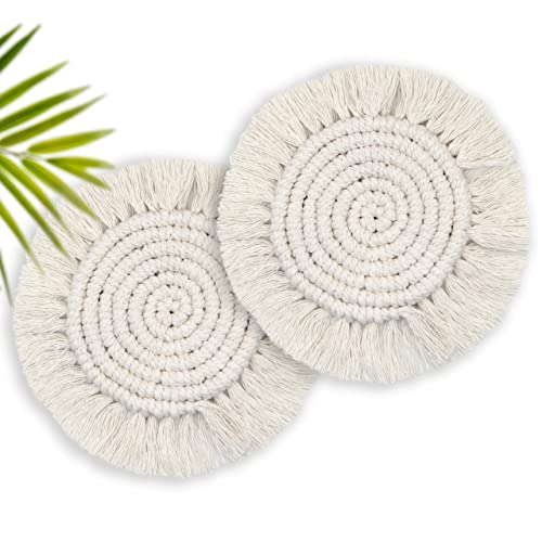 Coomin 7.4in Boho Coasters Set of 2, Cute Drink Coasters Absorbent for Desk, Farmhouse Handmade Woven Macrame Coaster for Mugs Cups - Home Decor Housewarming Gift, Round Beige - Image 1