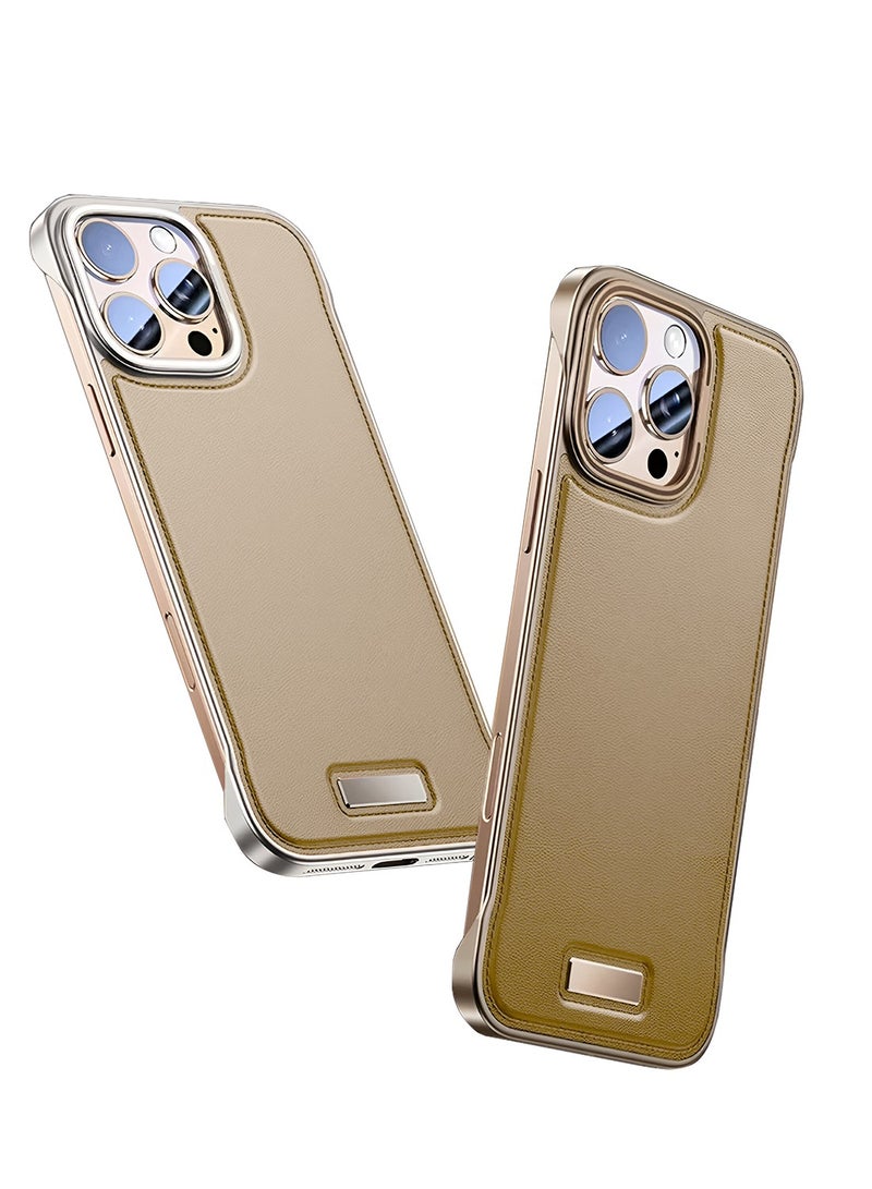 Wtech Apple iPhone 16 Pro Max 5G 2024 Luxury Leather Thin Metal Phone Case, Anti-Fallen Cover Without Frame Light Phone Shield Case Cover - Gold - Image 1
