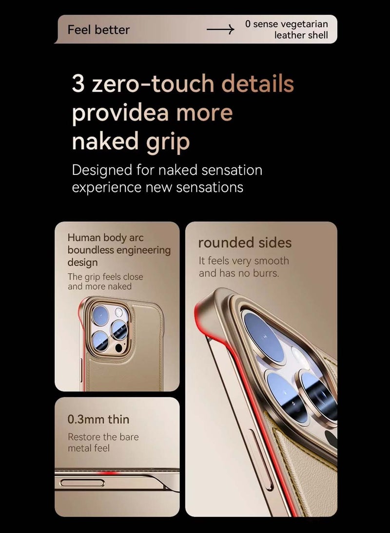 Wtech Apple iPhone 16 Pro Max 5G 2024 Luxury Leather Thin Metal Phone Case, Anti-Fallen Cover Without Frame Light Phone Shield Case Cover - Gold - Image 2