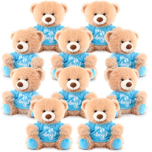 Simgoing 10 Pcs Baby Shower Bear Bulk 10 Inch Soft Plush Teddy Bears with Bow and Shirt Stuffed Party Favors for Gender Reveal Nursery Baby Shower DecorationsBoyBlue - Image 1