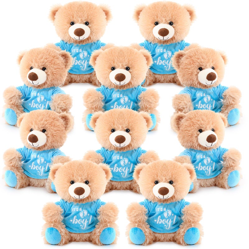 Simgoing 10 Pcs Baby Shower Bear Bulk 10 Inch Soft Plush Teddy Bears with Bow and Shirt Stuffed Party Favors for Gender Reveal Nursery Baby Shower DecorationsBoyBlue - Image 3