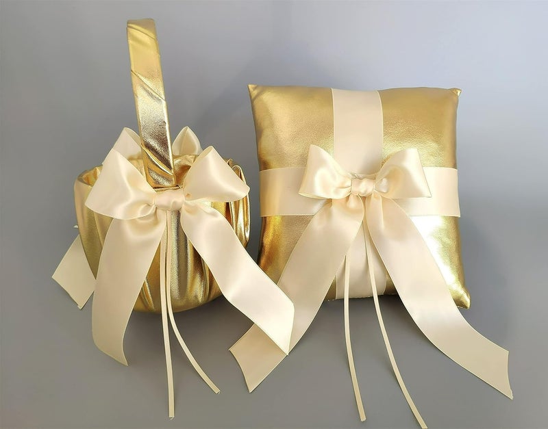 Uwedding Flower Girl Basket and Ring Bearer Pillow with Satin Ribbon Bow Decor Wedding Ceremony Anniversary Vow Renewal Party Favor-Gold & Beige Basket - Image 4