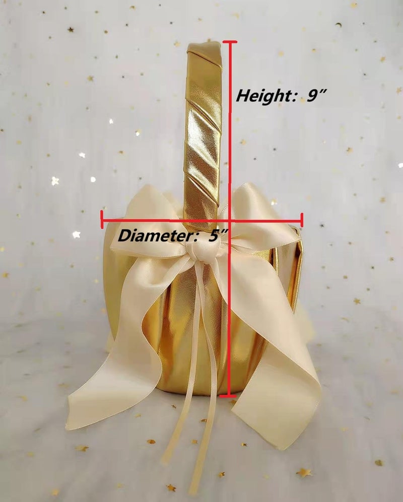 Uwedding Flower Girl Basket and Ring Bearer Pillow with Satin Ribbon Bow Decor Wedding Ceremony Anniversary Vow Renewal Party Favor-Gold & Beige Basket - Image 3