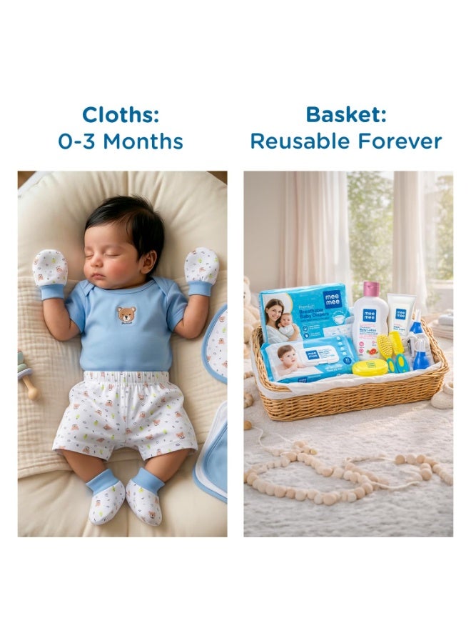 Mee Mee New Born Basket Baby Gift Set | Soft Cotton Clothing Essentials for Infants/Baby Girls, Boys | Baby Shower Clothing Hamper | 8 Pieces | (Square, Blue) - Image 4