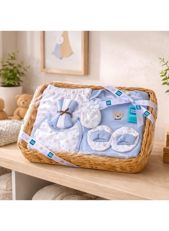 Mee Mee New Born Basket Baby Gift Set | Soft Cotton Clothing Essentials for Infants/Baby Girls, Boys | Baby Shower Clothing Hamper | 8 Pieces | (Square, Blue) - Image 1