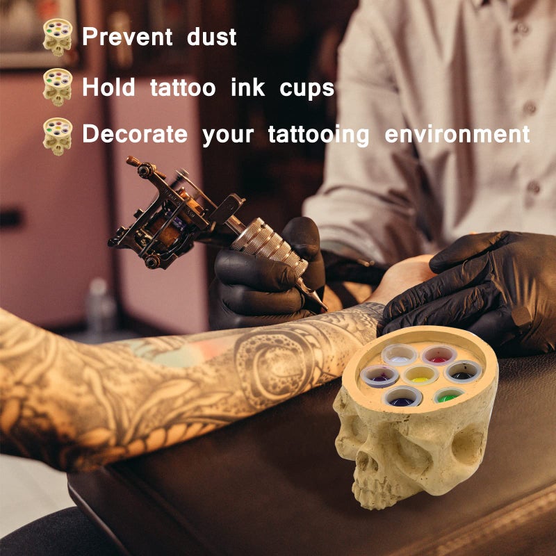 CINRA Skull Tattoo Ink Stand, Hard Resin 7-Hole Holder - Pigment Ink Cup Skull Head Tattoo Cap Holder - Image 2