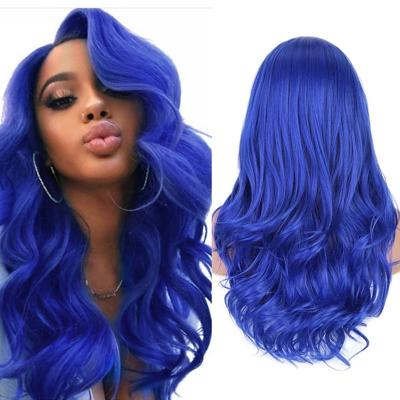 Fancy Hair Long Blue Wavy Wigs for Women Curly Middle Part Blue Wig Natural Looking Synthetic Heat Resistant Fiber Wigs Hair for Daily Party Use Dark Blue
