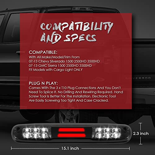 KOMAS 3rd Third Tail Rear Brake Light Replacement For 2007 2008 2009 2010 2011 2012 2013 Chevy Silverado/GMC Sierra High Mount Waterproof 3D Dual Row LED Bar (Smoke Lens) - Image 5