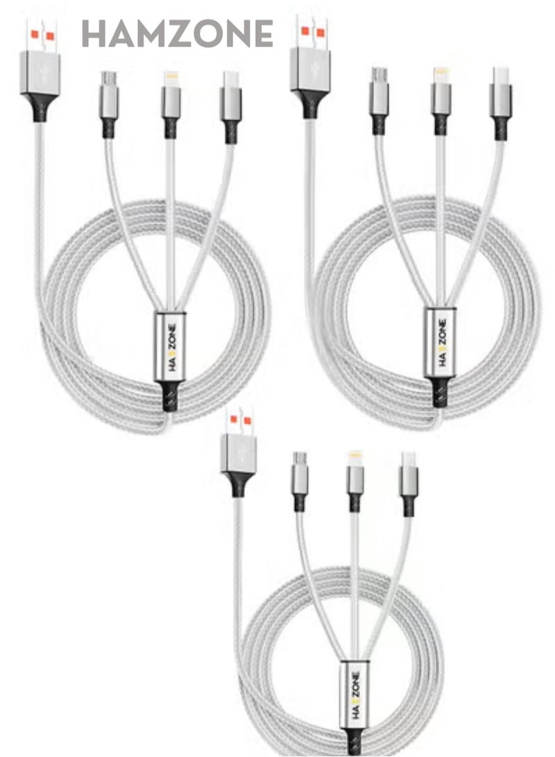 Hamzone 3 in 1 Fast Charging Cable 3A, Pack of 3 Multi USB Charging Cords, Nylon Braided USB to Lightning, Type C, Micro USB, Compatible with iPhone 16 15 14 13 12 11, Samsung, Huawei, Android, iPad, Phones and Tablets - Image 1