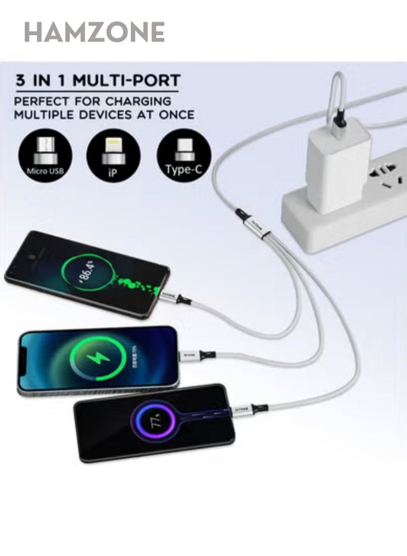 Hamzone 3 in 1 Fast Charging Cable 3A, Pack of 3 Multi USB Charging Cords, Nylon Braided USB to Lightning, Type C, Micro USB, Compatible with iPhone 16 15 14 13 12 11, Samsung, Huawei, Android, iPad, Phones and Tablets - Image 2