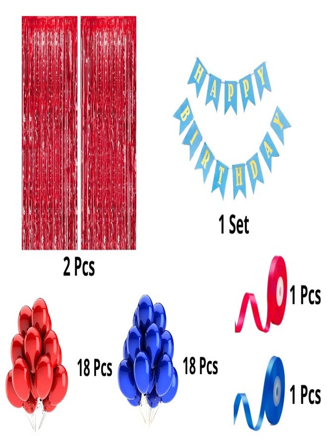 Flyloons Blue Red Theme Happy Birthday Decorations for Boys Husband, Party Decoration Items, Red Foil Curtain, Metallic Balloons, Decoration Kit Combo - Image 2