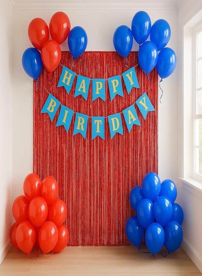 Flyloons Blue Red Theme Happy Birthday Decorations for Boys Husband, Party Decoration Items, Red Foil Curtain, Metallic Balloons, Decoration Kit Combo - Image 1
