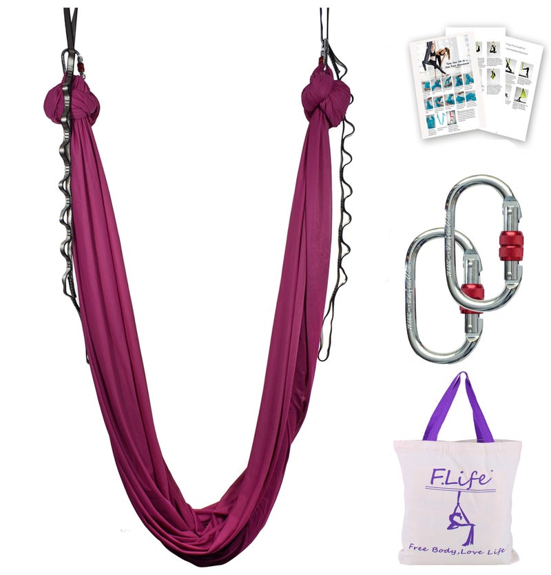 Flife F.Life Aerial Yoga Hammock kit Include Daisy Chain,Carabiner and Pose Guide (Burgundy) - Image 1