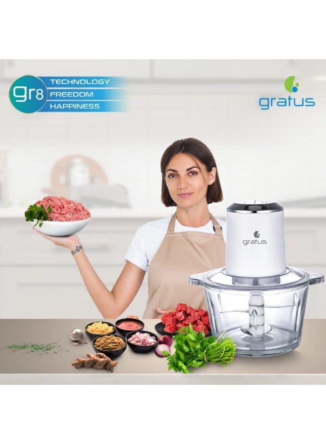 Gratus Electric Food Chopper GCP2621FEC 2L Glass Bowl Quadra Blade 2-Speed 400W Clear/Silver - Image 2