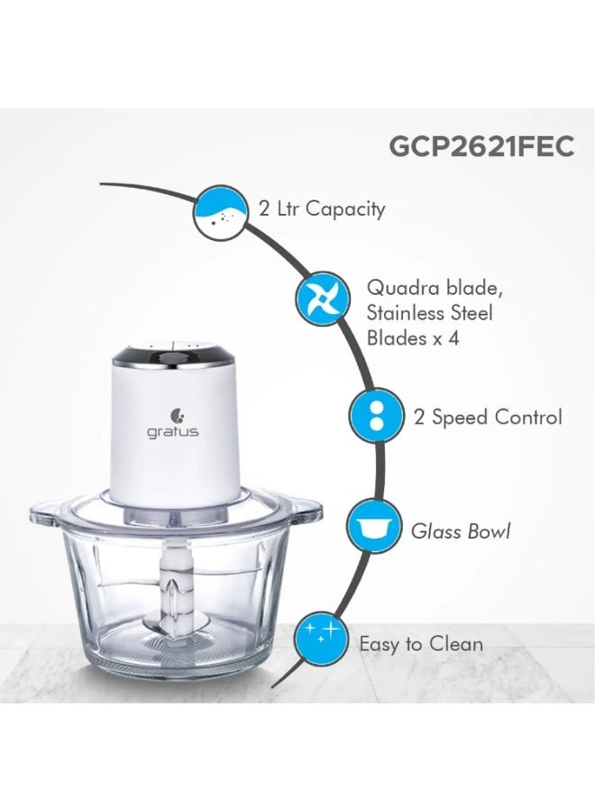 Gratus Electric Food Chopper GCP2621FEC 2L Glass Bowl Quadra Blade 2-Speed 400W Clear/Silver - Image 3