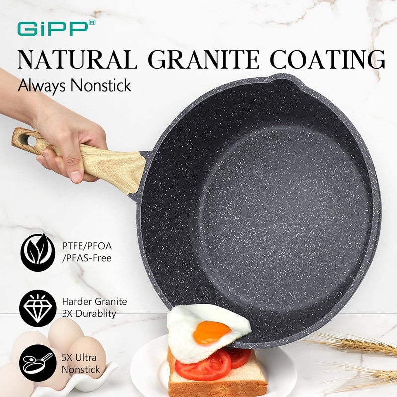 GIPP Nonstick Deep Frying Pan, 28cm Skillet Working Pan Granite Induction Cookware, Non Stick Saute Pan with Lid, PFOA PFOS APEO Free, Grey - Image 3