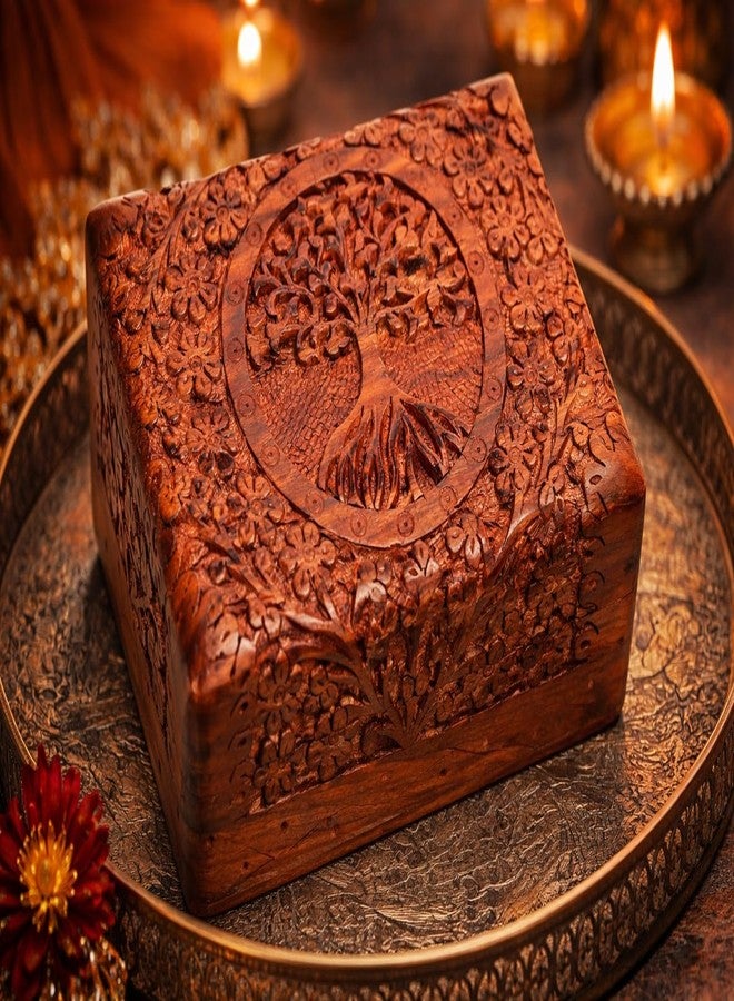 Woodiva صندوق تخزين خشبي مصنوع يدويًا من خشب الشيشام من ووديفا، صندوق مجوهرات وصندوق هدايا مزخرف بتصميم شجرة منحوتة يدويًا (6 × 4 × 2.5 بوصة) - Image 2