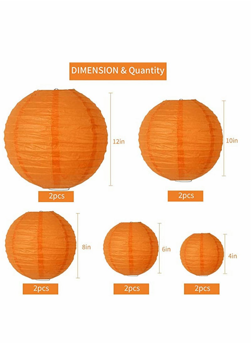 KASTWAVE - 10Pcs Orange Paper Lanterns Decorative, Chinese/Japanese Hanging Round Foldable Lantern, for Birthday, Wedding, Halloween, Bridal Shower, Home Decor, Party (Size of 4”, 6”, 8”, 10”) - Image 1