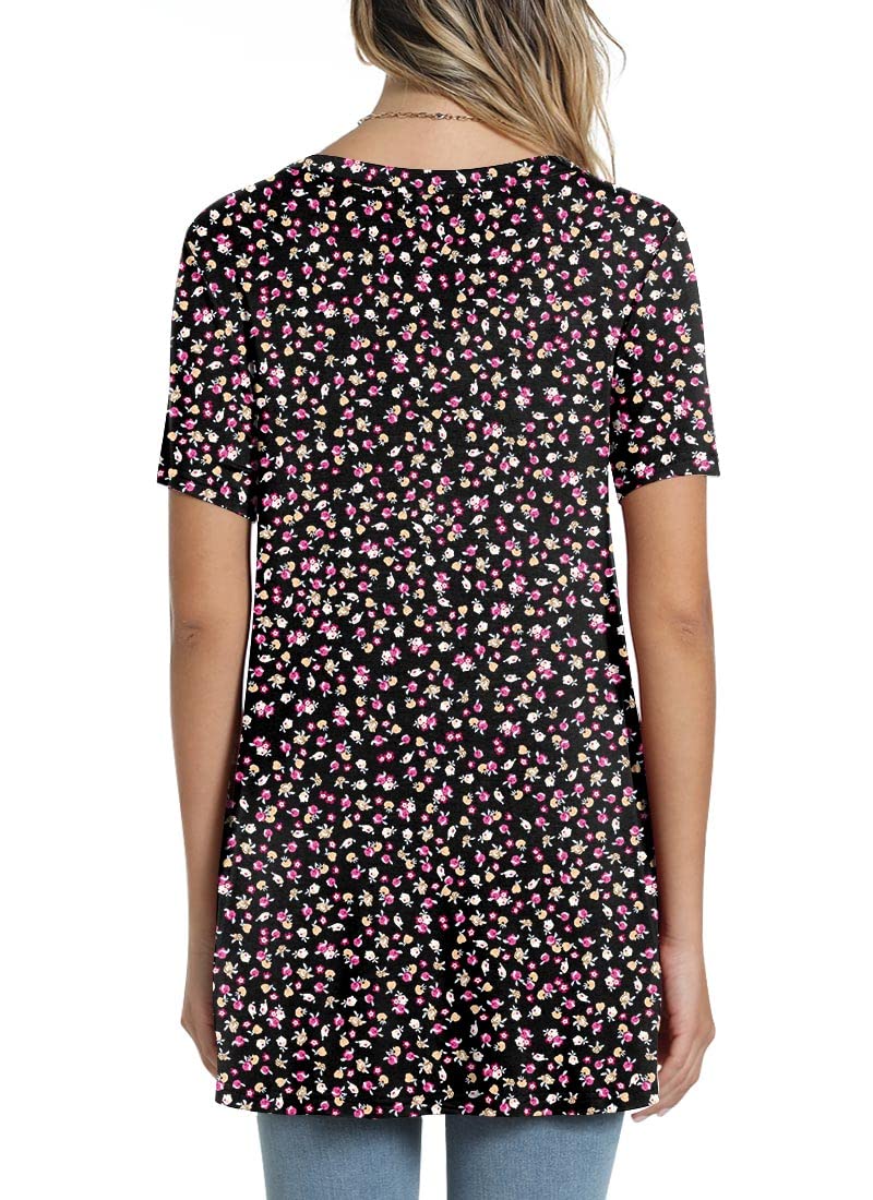 POPYOUNG Women's Summer Long Tunic Top To Wear With Leggings Short Sleeve Shirt Loose Fit Dressy XL, Small Flower Black - Image 3
